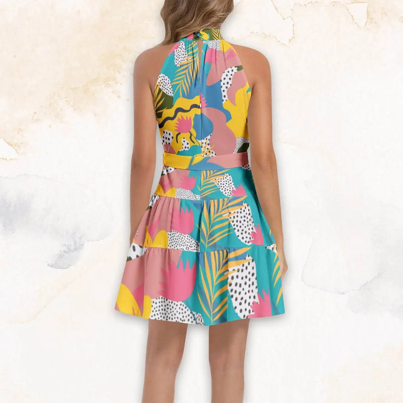 Gardenian Ruffle Hem Belted Halter Dress - IVORYNN