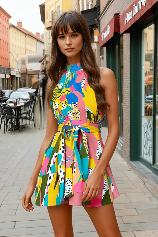 Gardenian Ruffle Hem Belted Halter Dress - IVORYNN