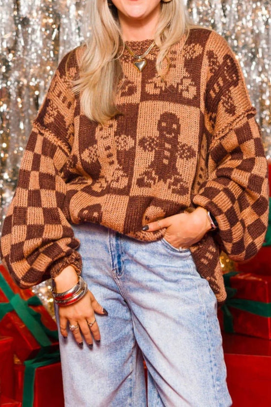 Gingerbread Man Round Neck Drop Shoulder Sweater - IVORYNN