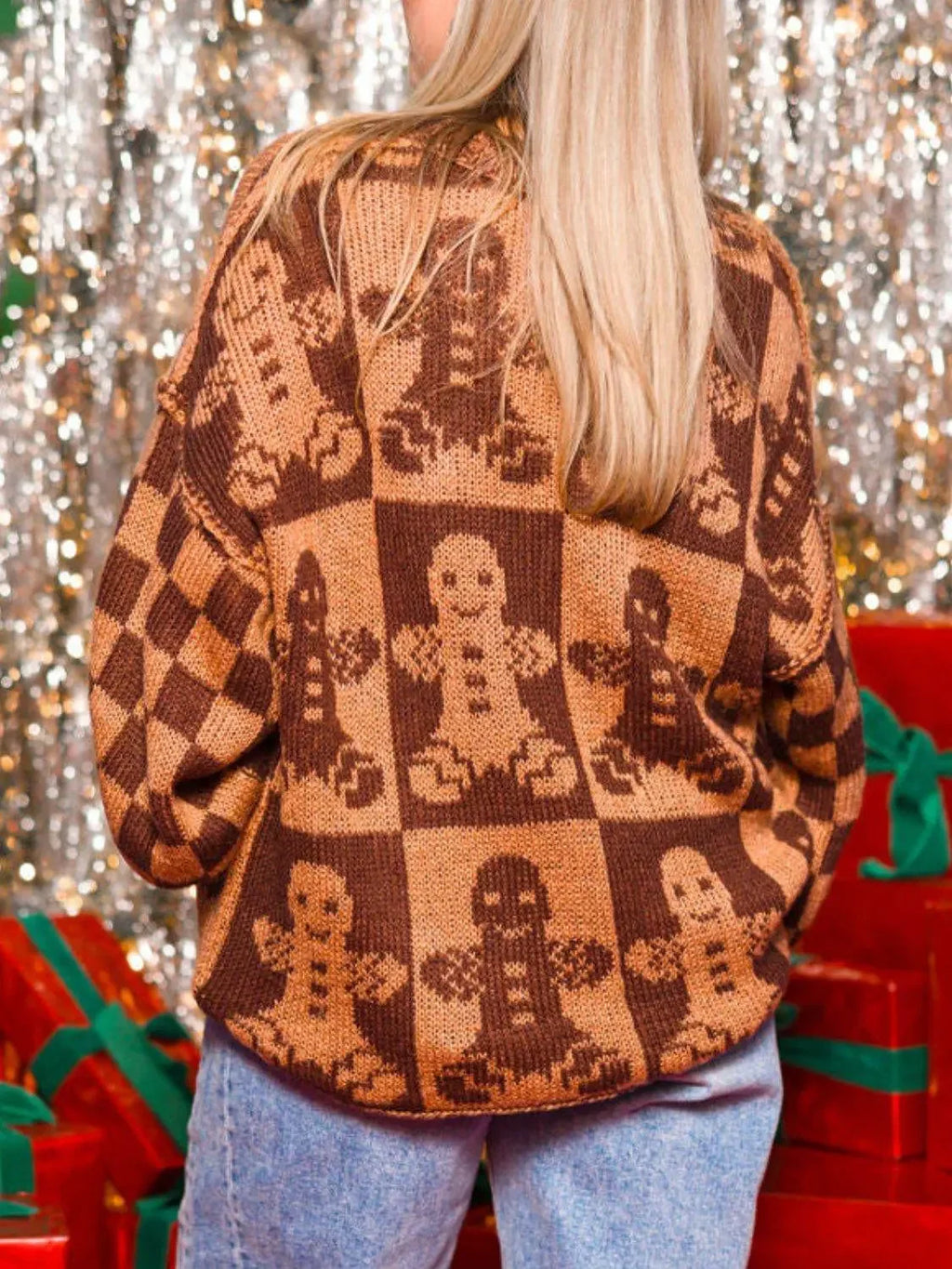 Gingerbread Man Round Neck Drop Shoulder Sweater - IVORYNN