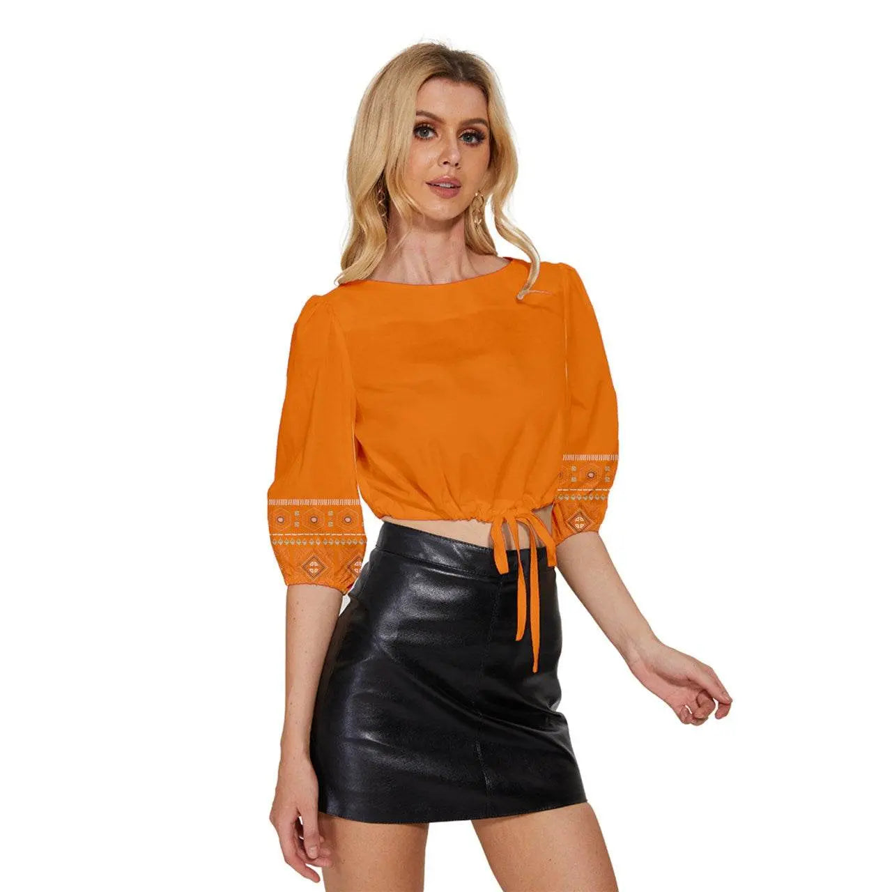 Gold Mid Sleeve Drawstring Hem Top - Orange - IVORYNN