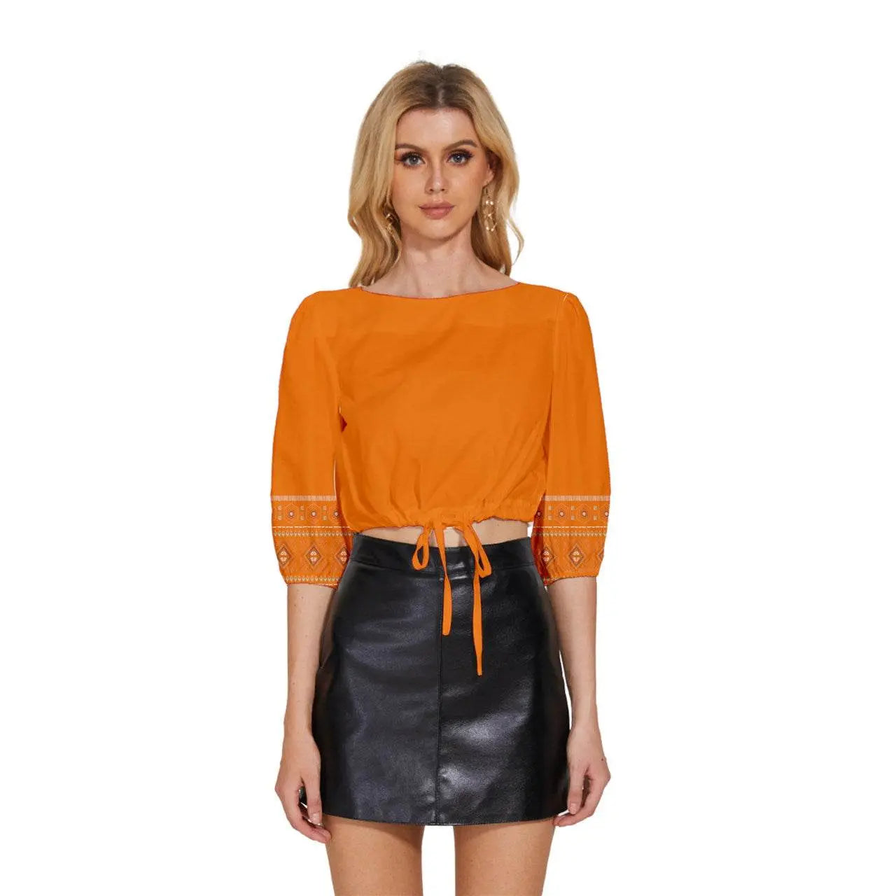 Gold Mid Sleeve Drawstring Hem Top - Orange - IVORYNN
