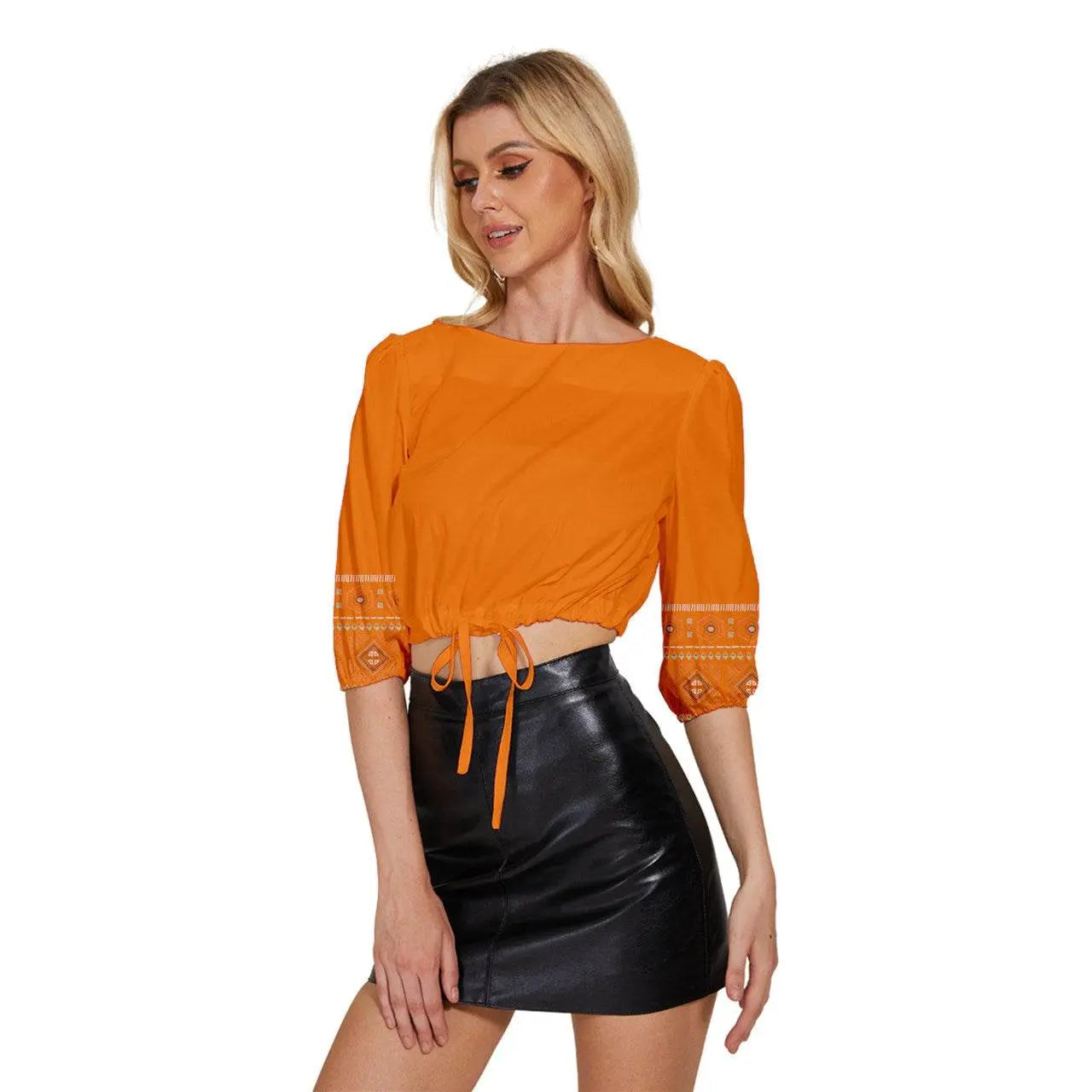 Gold Mid Sleeve Drawstring Hem Top - Orange - IVORYNN