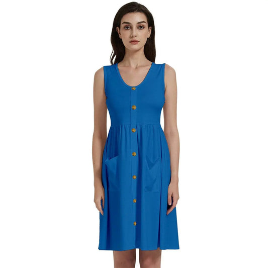 Gold buttons Sleeveless Blue Dress With Pocket