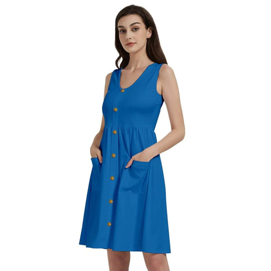Gold buttons Sleeveless Blue Dress With Pocket