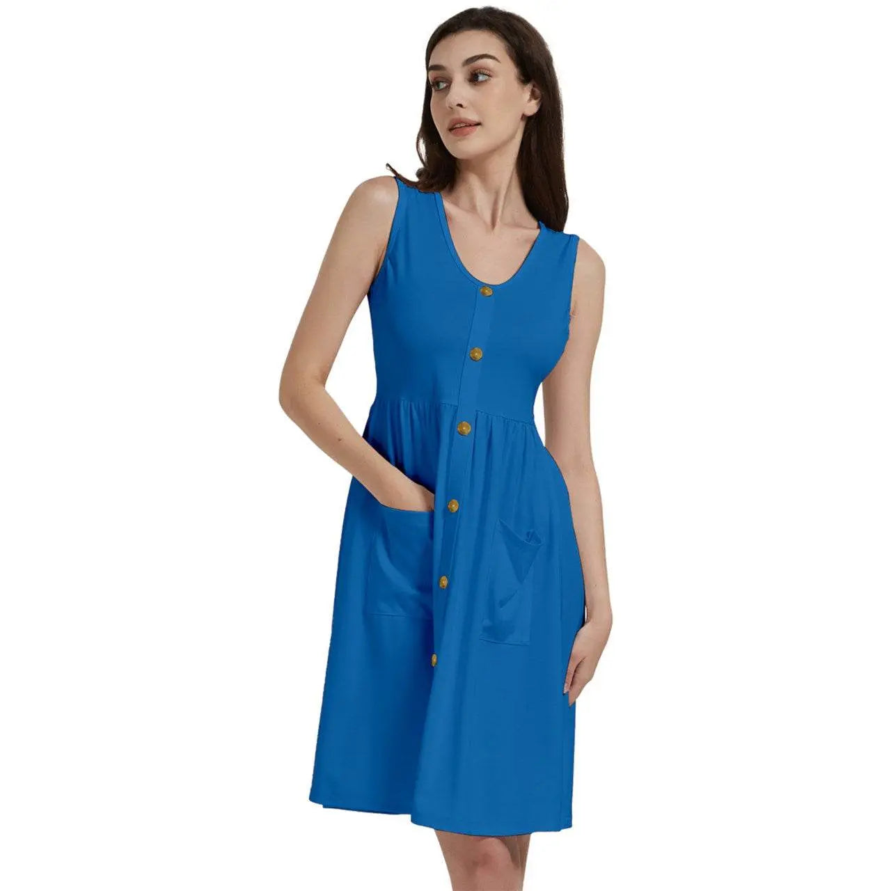 Gold buttons Sleeveless Blue Dress With Pocket - IVORYNN