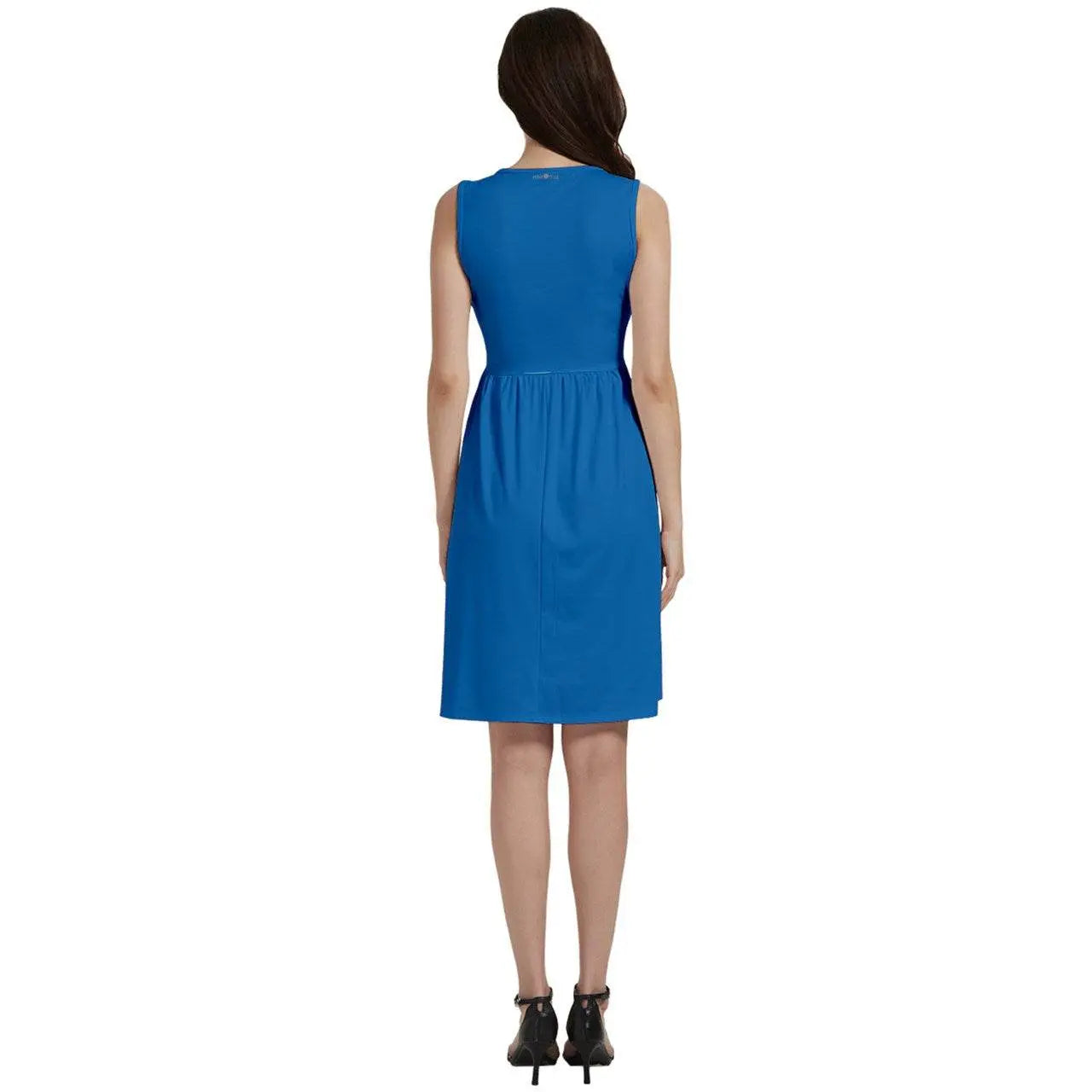 Gold buttons Sleeveless Blue Dress With Pocket - IVORYNN
