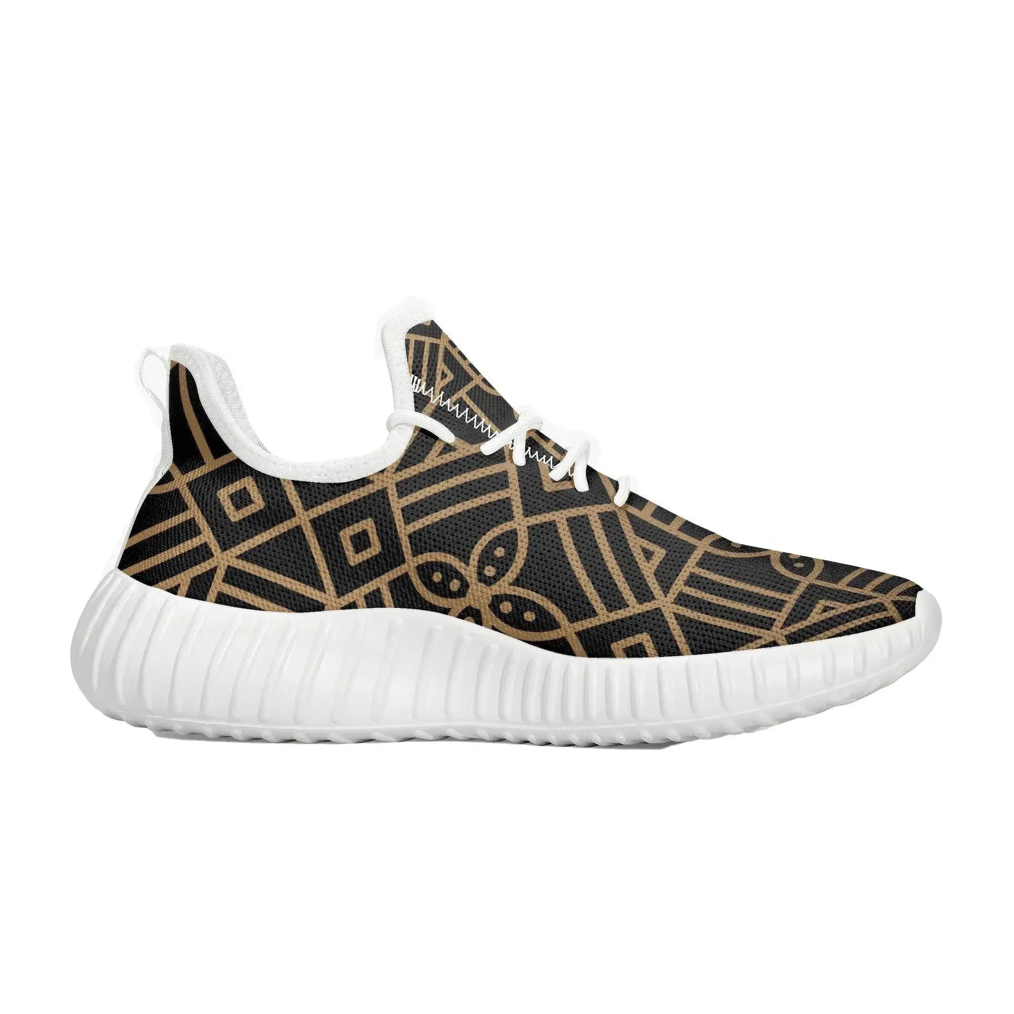 Men's knit mesh sneaker with gold geometric pattern and white sole from Ivorynn