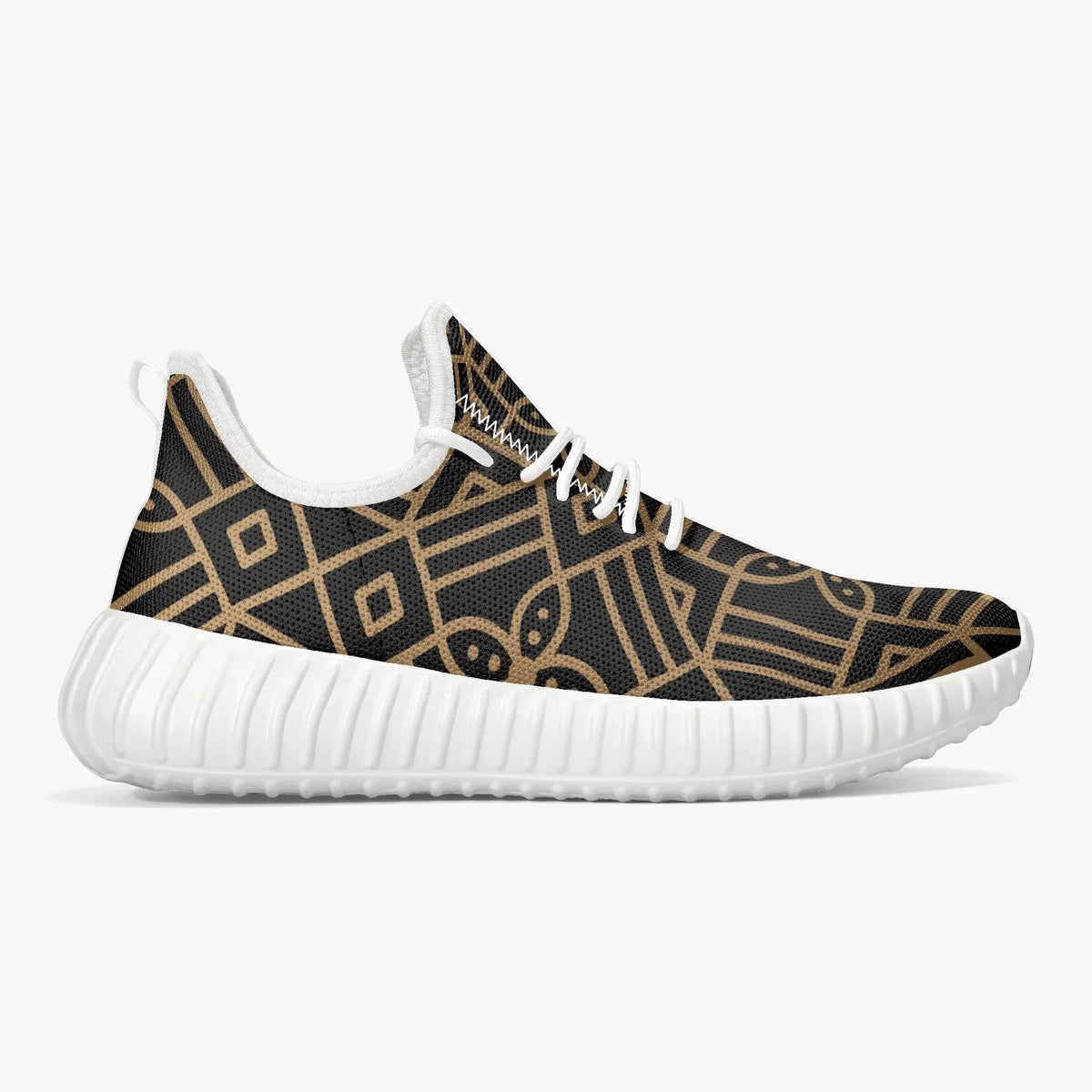 Men’s knit mesh sneaker with gold geometric pattern and white sole from Ivorynn