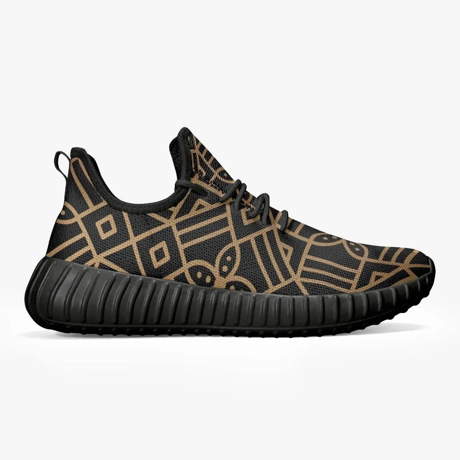 Black mesh men's sneaker with gold geometric pattern and black sole, luxury mens shoes at Ivorynn