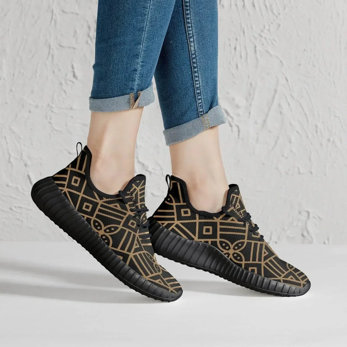 Men’s gold geometric knit mesh sneakers with black soles, stylish footwear from Ivorynn