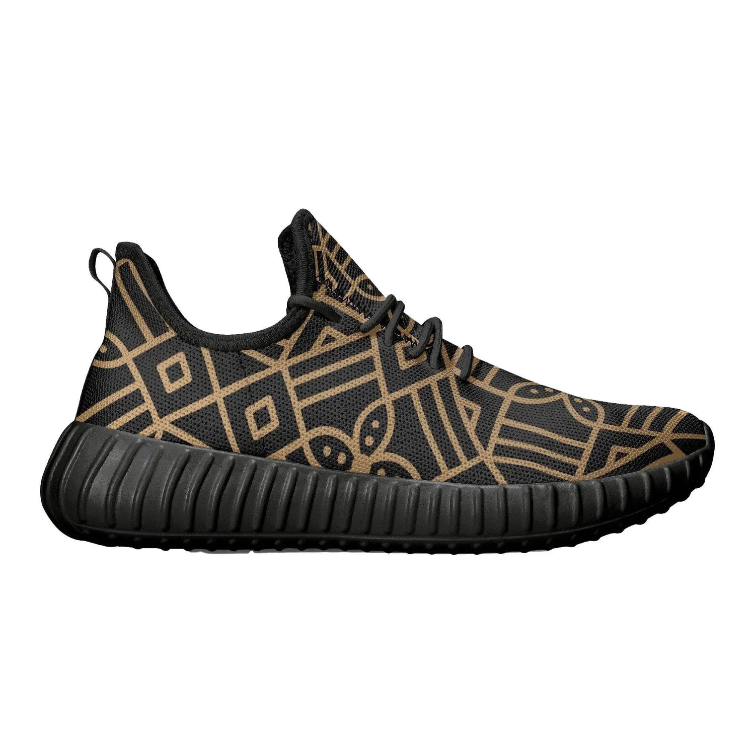 Men's black knit mesh sneaker with gold geometric pattern, luxury shoes at Ivorynn