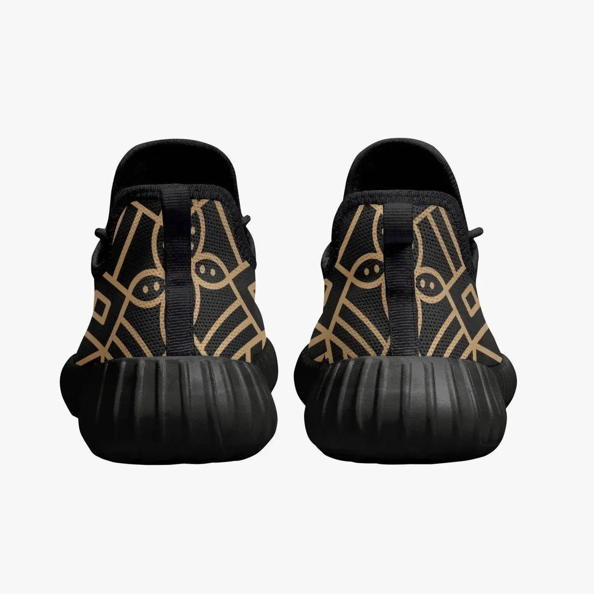 Black knit mesh men's sneakers with gold geometric pattern, luxury shoes at Ivorynn