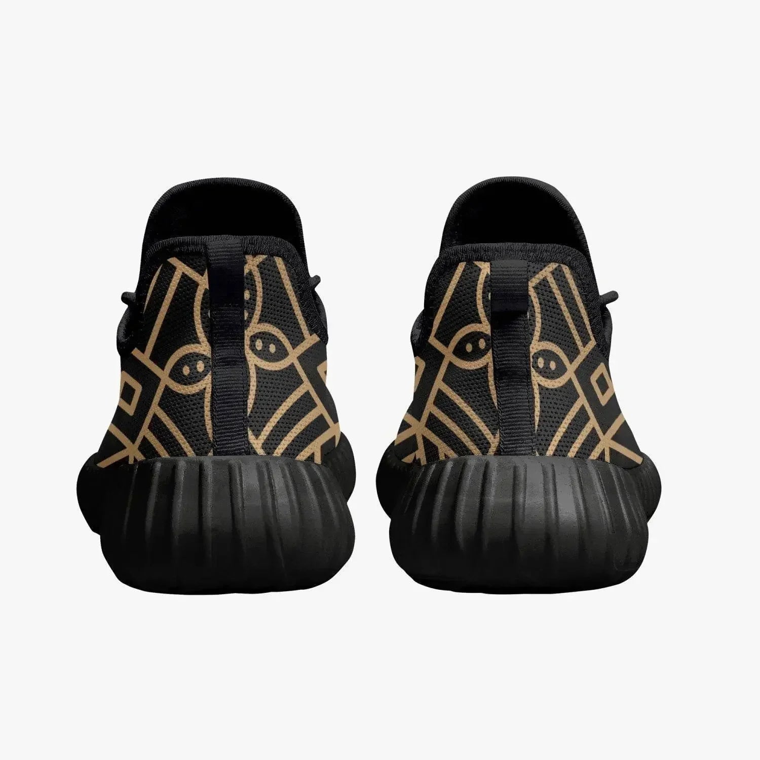Black knit mesh men's sneakers with gold geometric pattern, luxury shoes at Ivorynn