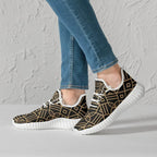 Gold geometric knit mesh men's sneakers with white soles, worn with blue jeans, Ivorynn fashion