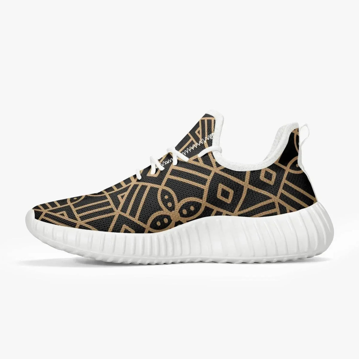Men’s knit mesh sneaker with gold geometric pattern and white sole, luxury men’s shoe by Ivorynn