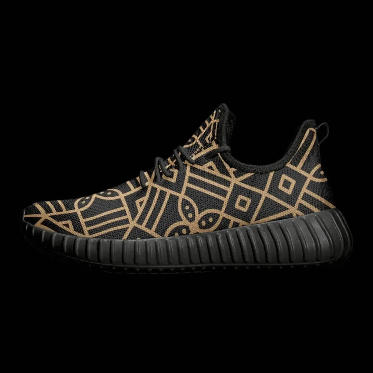 Black knit mesh men's sneaker with gold geometric pattern, luxury shoe by Ivorynn.
