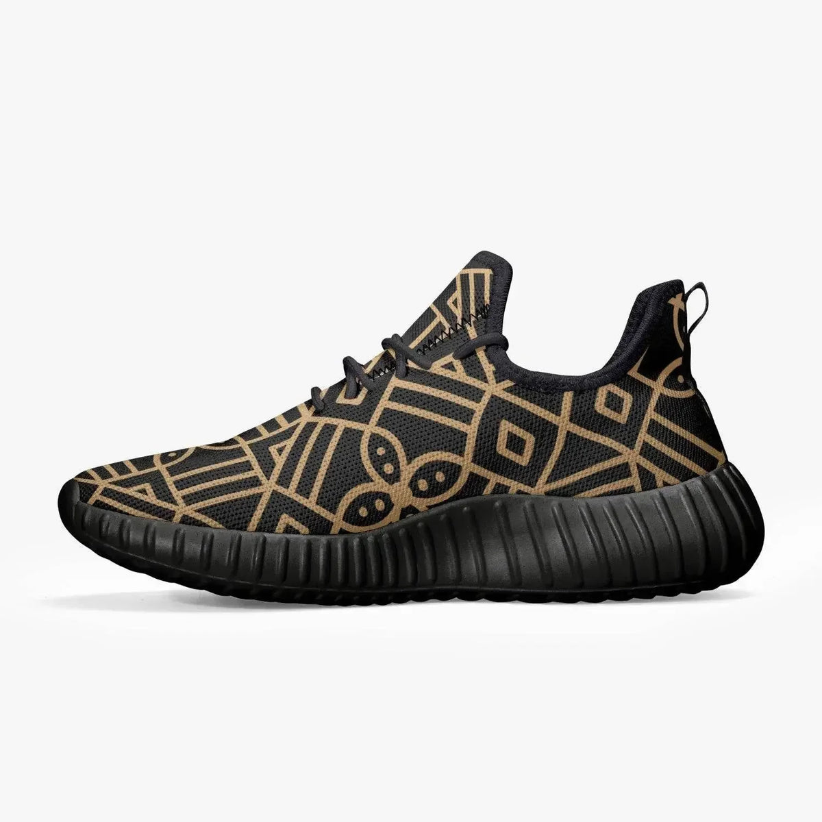 Men’s black knit mesh sneaker with gold geometric pattern, black sole, Ivorynn luxury shoes.