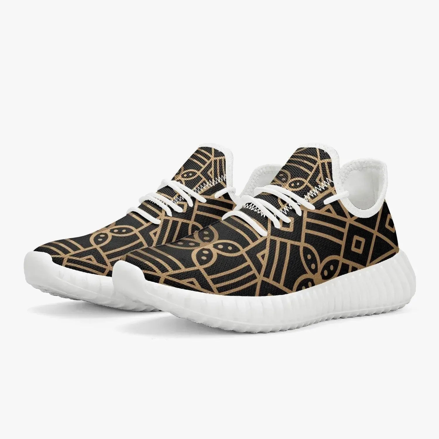 Men's knit mesh sneakers with gold geometric pattern, white sole, luxury shoes at Ivorynn