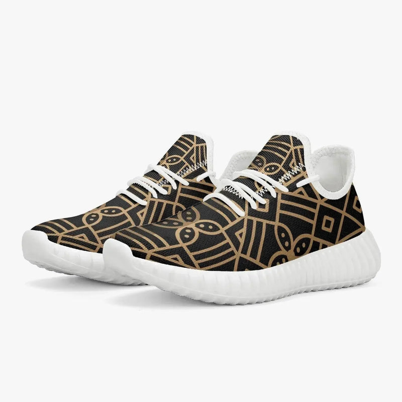 Men's knit mesh sneakers with gold geometric pattern, white sole, luxury shoes at Ivorynn