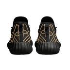 Black knit mesh men's sneakers with gold geometric design, luxury shoes by IVORYNN