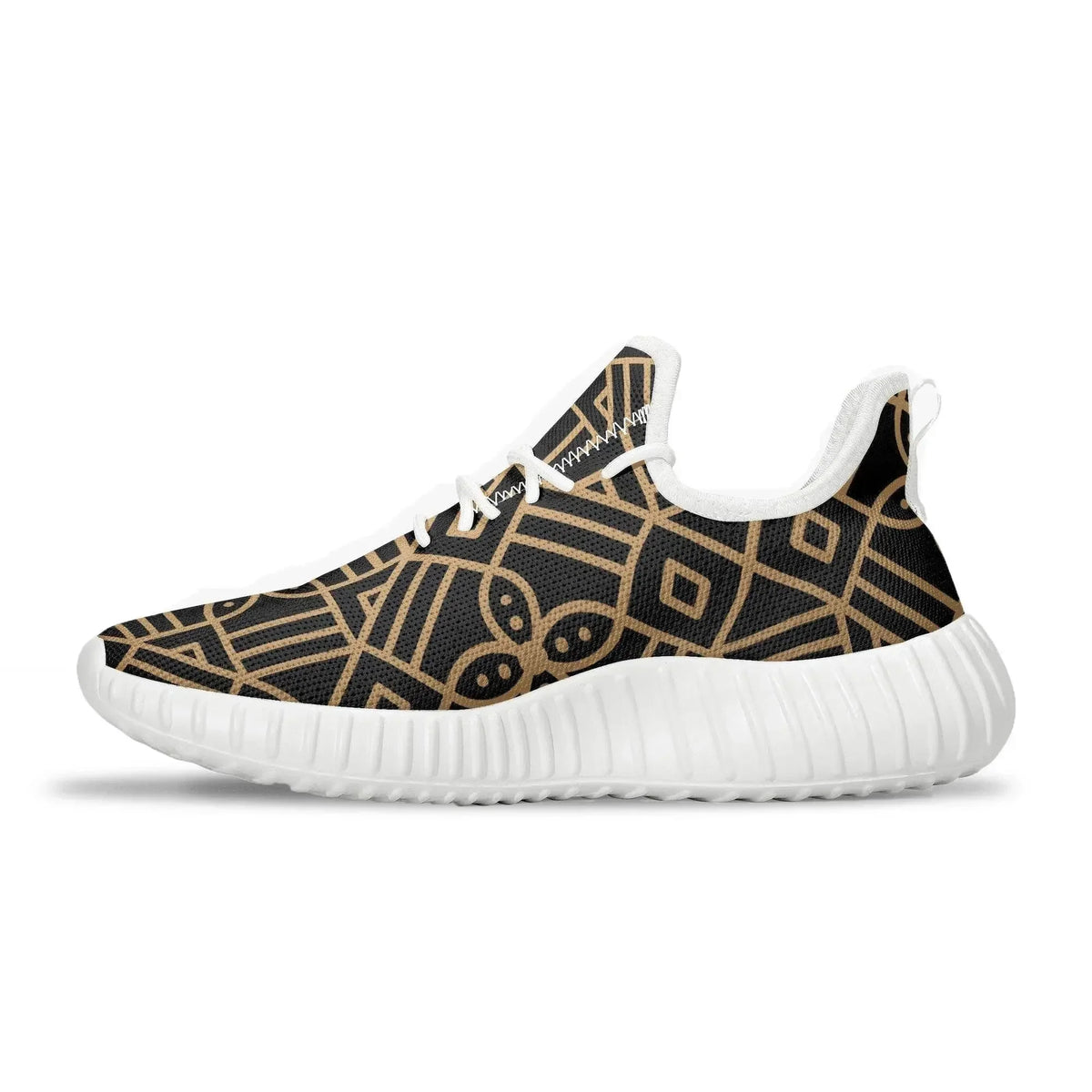 Men's knit mesh sneaker with gold geometric pattern, white sole, from Ivorynn luxury shoes.