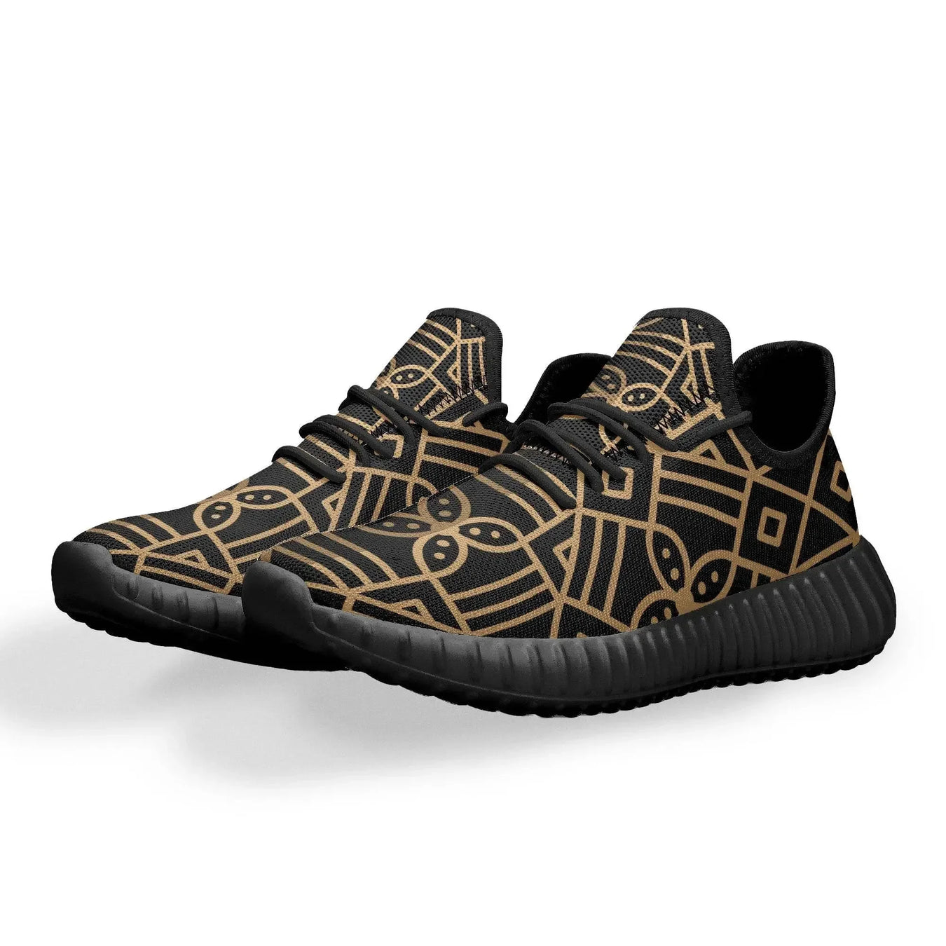 Men’s black knit sneakers with gold geometric pattern, luxury shoes from Ivorynn