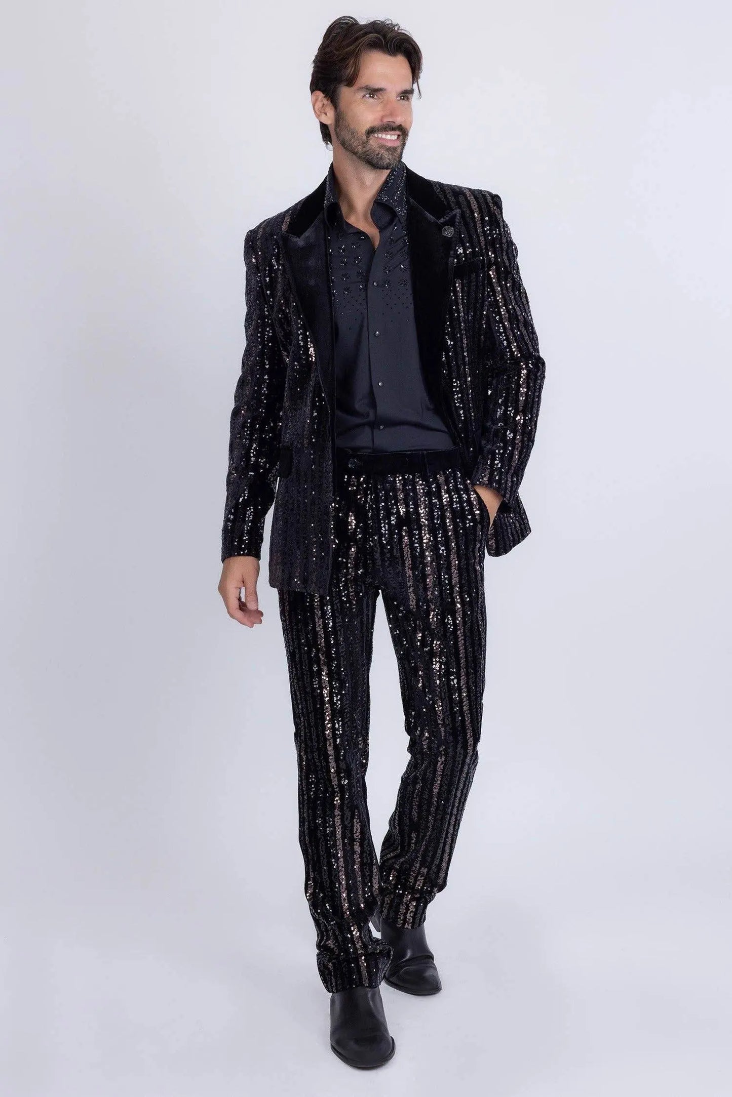 Gunmetal Sequin Slim Fit Stretch Black Trousers - IVORYNN