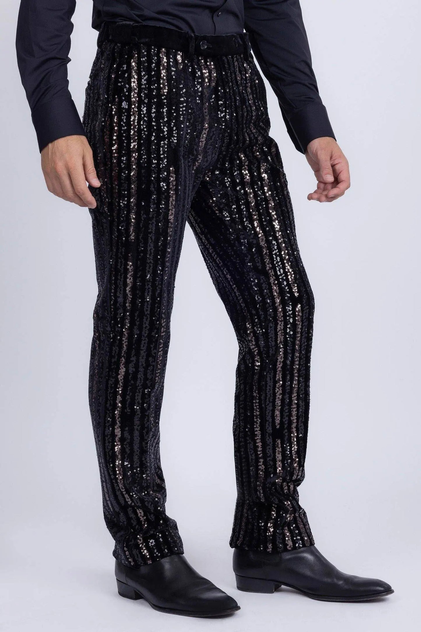 Gunmetal Sequin Slim Fit Stretch Black Trousers - IVORYNN