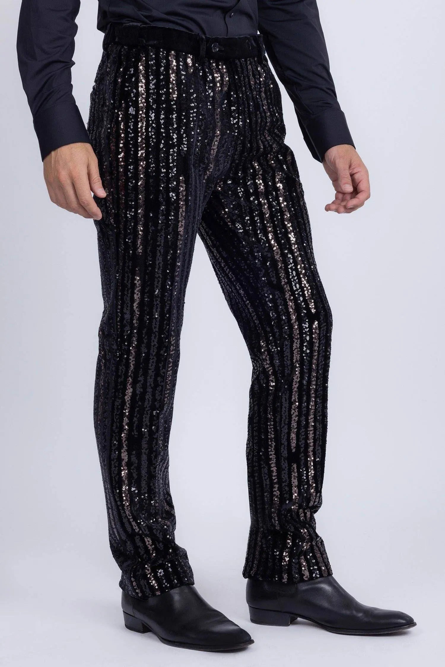 Gunmetal Sequin Slim Fit Stretch Black Trousers - IVORYNN