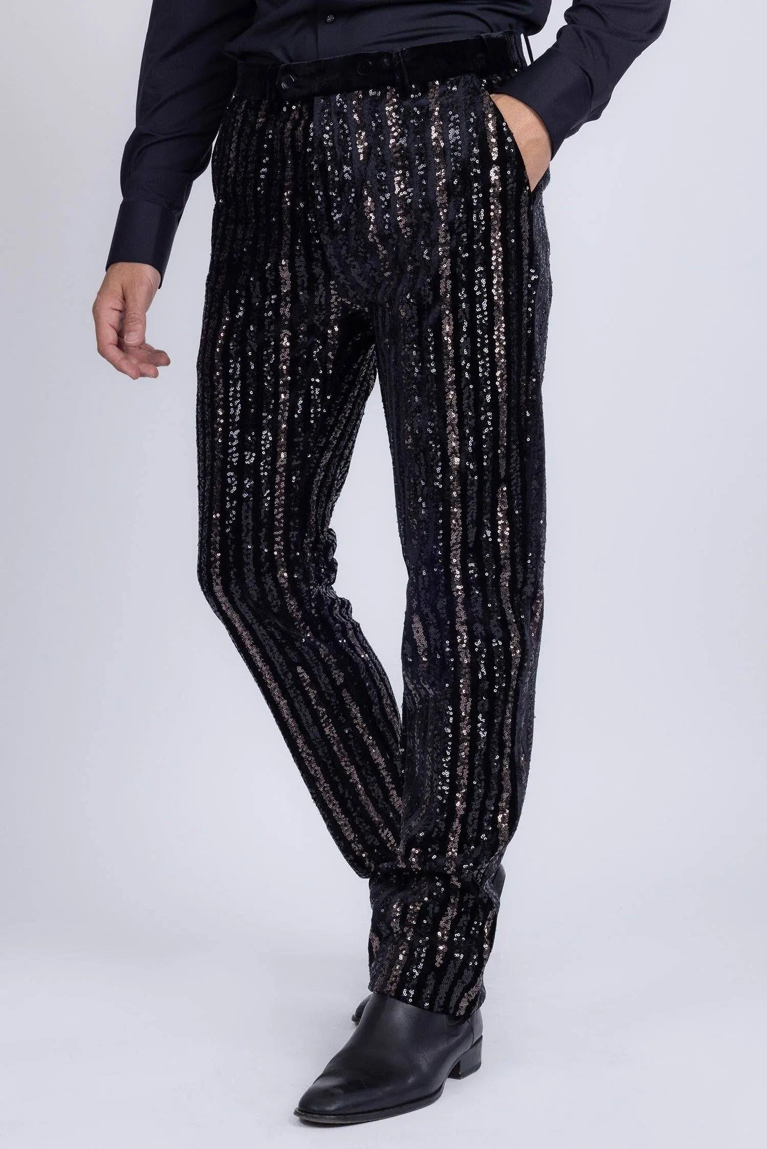 Gunmetal Sequin Slim Fit Stretch Black Trousers - IVORYNN