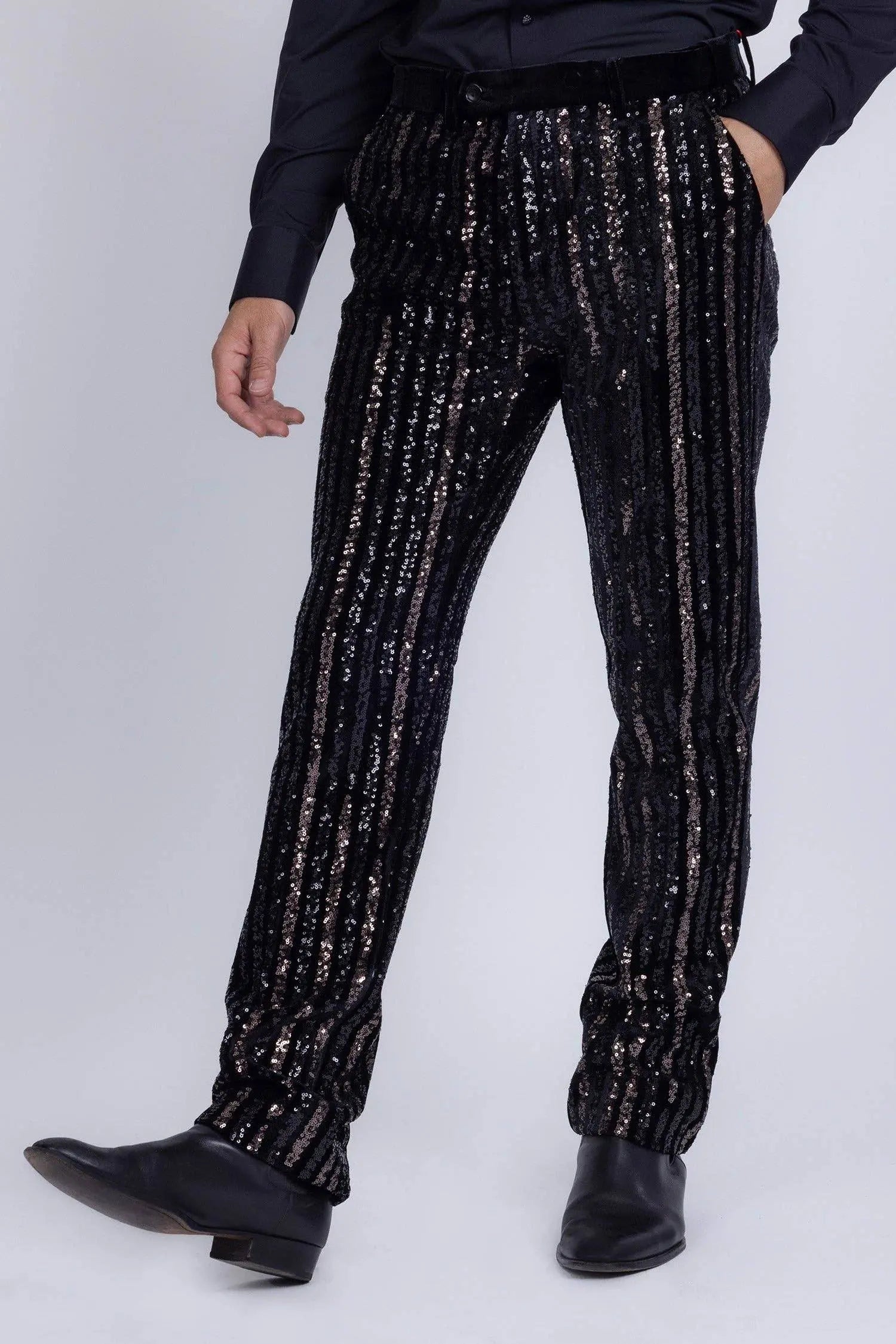 Gunmetal Sequin Slim Fit Stretch Black Trousers - IVORYNN