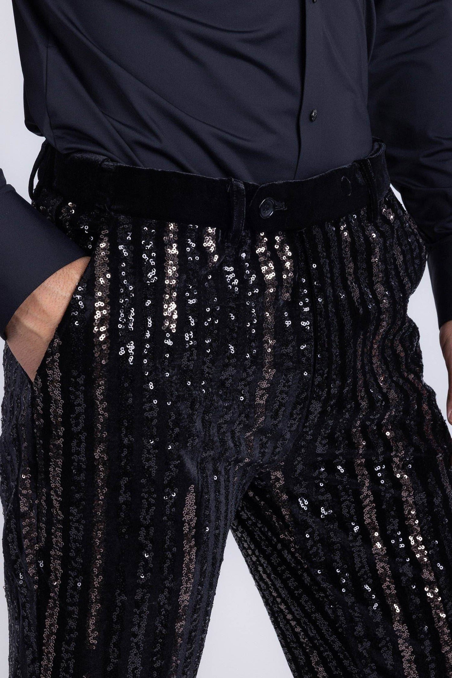 Gunmetal Sequin Slim Fit Stretch Black Trousers - IVORYNN