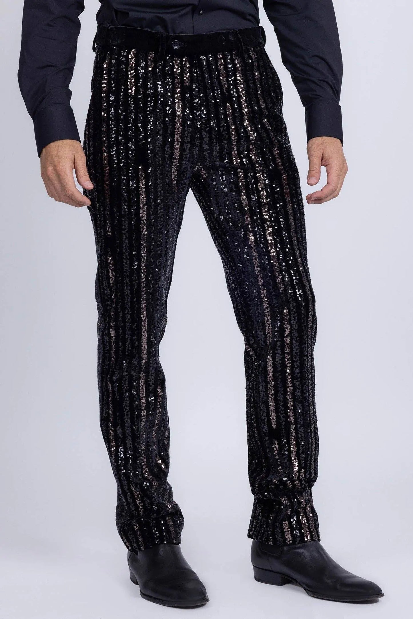 Gunmetal Sequin Slim Fit Stretch Black Trousers - IVORYNN