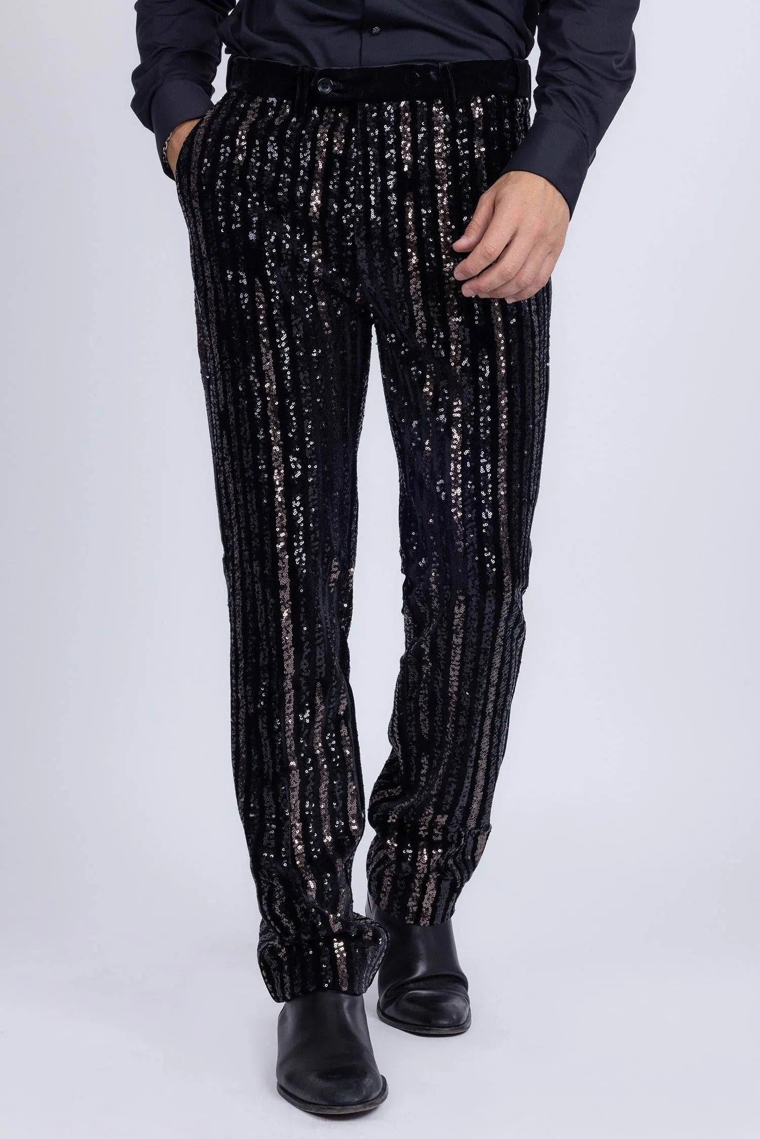 Gunmetal Sequin Slim Fit Stretch Black Trousers - IVORYNN