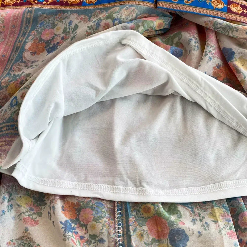 Elegant Stand Collar Printed Pleated Vintage Dress