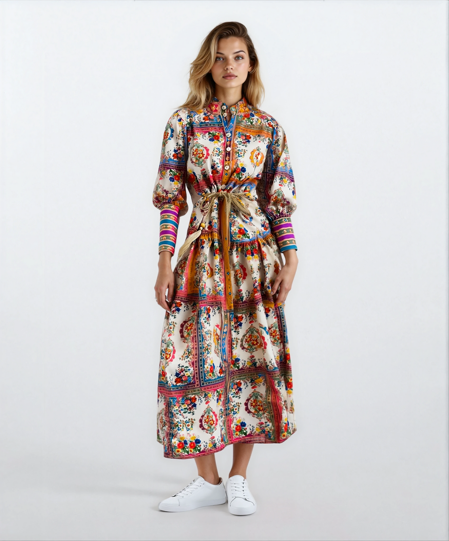 Stand-Up Collar Lantern Sleeve Long Skirt Vintage Dress