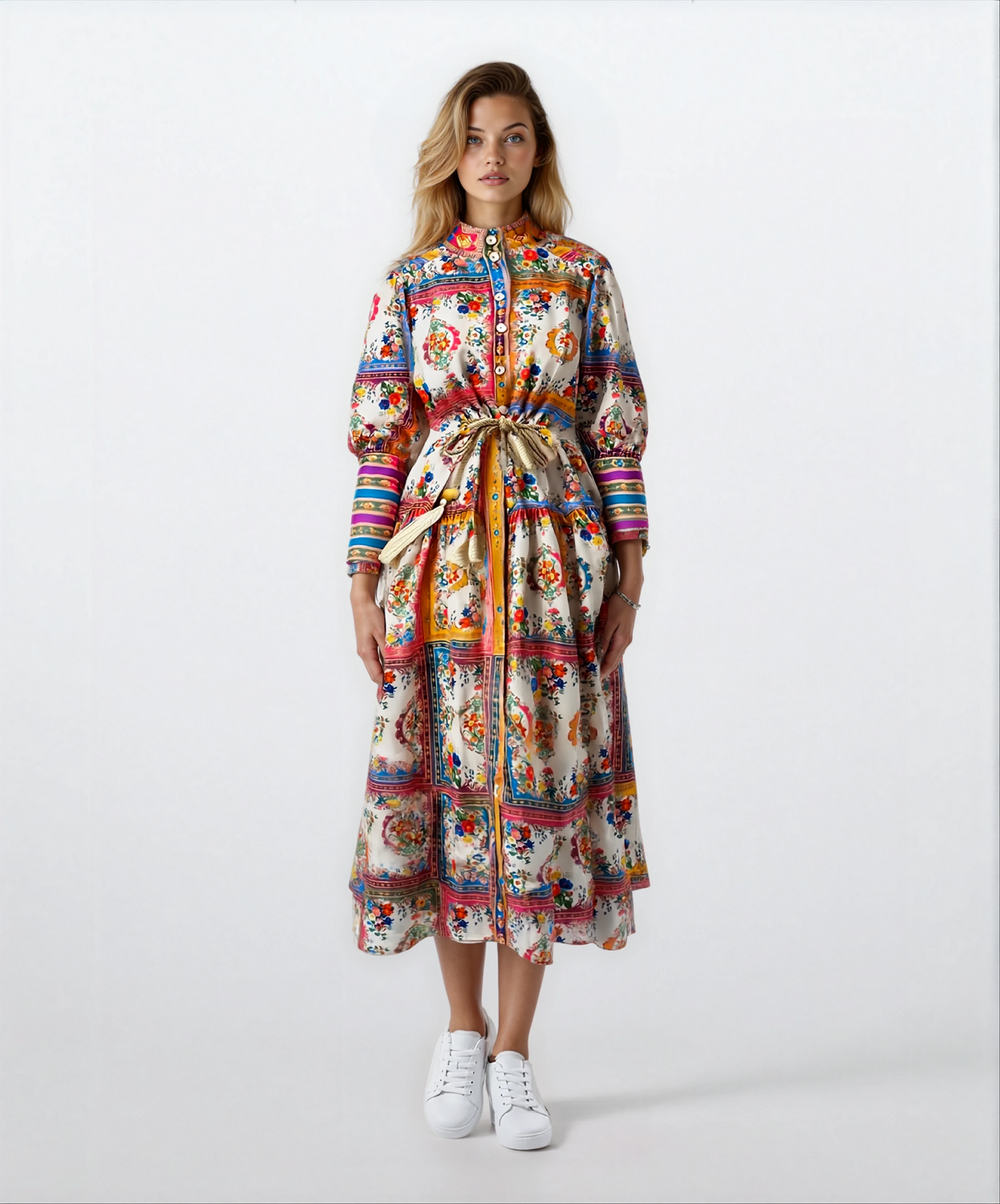 Stand-Up Collar Lantern Sleeve Long Skirt Vintage Dress
