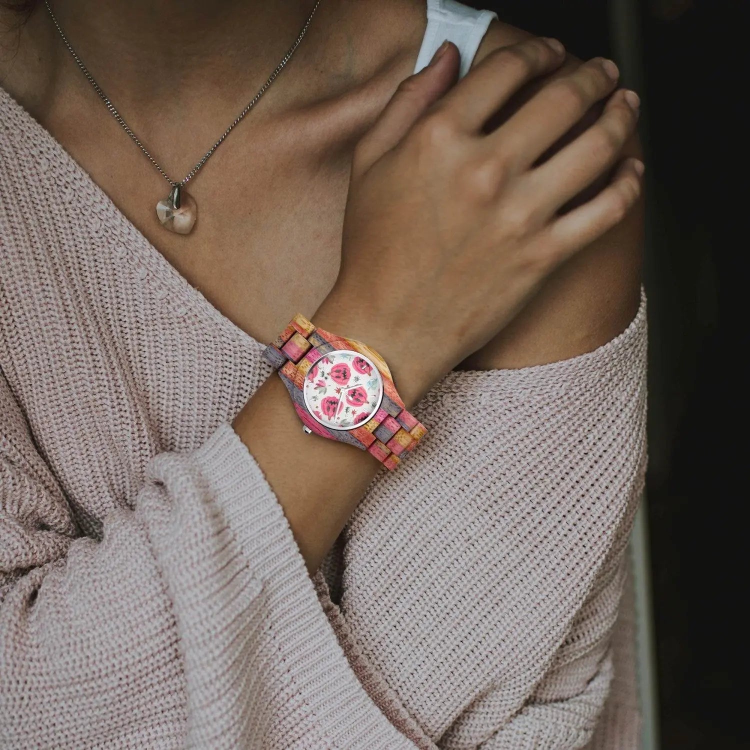 Halloween Camouflage Gray Pink Wooden Watch - IVORYNN