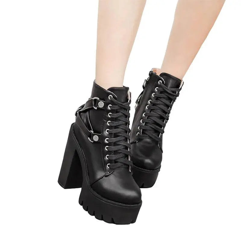 Heel Spring Autumn Lace-up Soft Leather Boots - IVORYNN