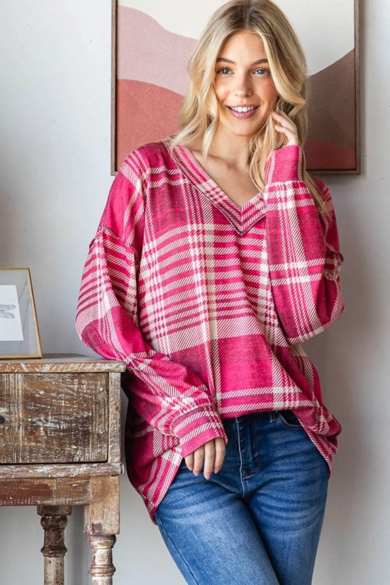 Heimish Plaid Drop Shoulder V-Neck Sweatshirt - IVORYNN