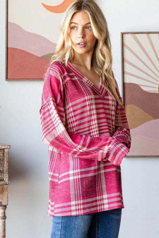 Heimish Plaid Drop Shoulder V-Neck Sweatshirt - IVORYNN