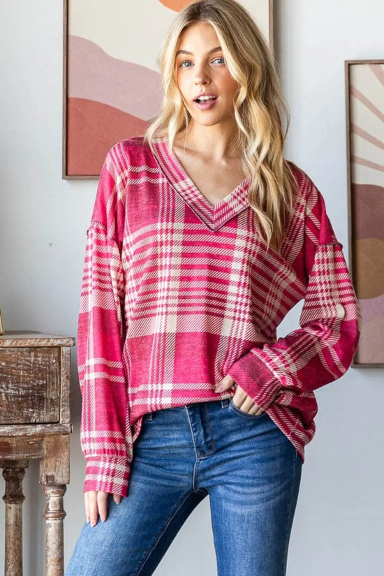 Heimish Plaid Drop Shoulder V-Neck Sweatshirt - IVORYNN