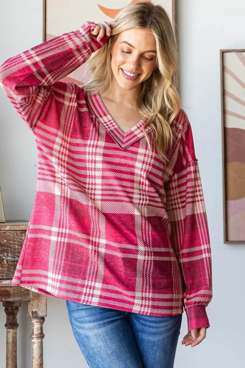 Heimish Plaid Drop Shoulder V-Neck Sweatshirt - IVORYNN