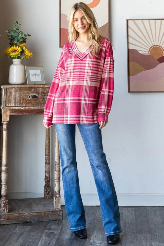 Heimish Plaid Drop Shoulder V-Neck Sweatshirt - IVORYNN