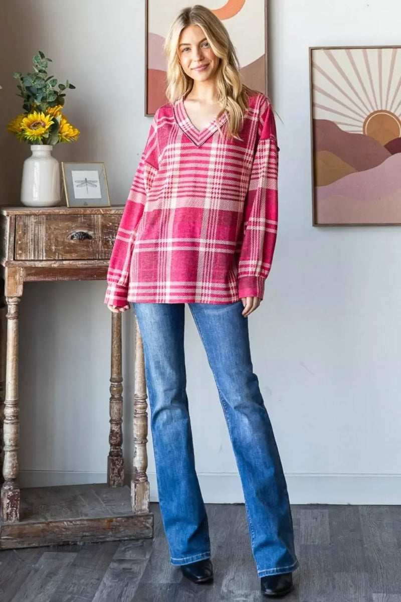 Heimish Plaid Drop Shoulder V-Neck Sweatshirt - IVORYNN