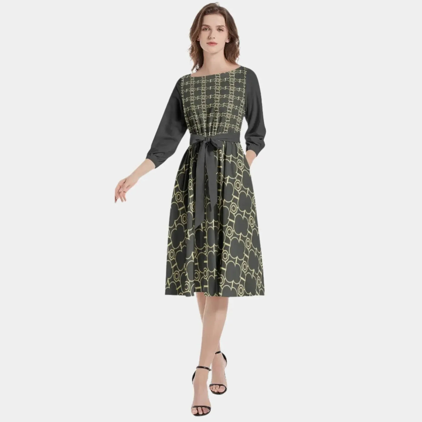 IVORY Boat Neck Belted Flared Black Dress - IVORYNN