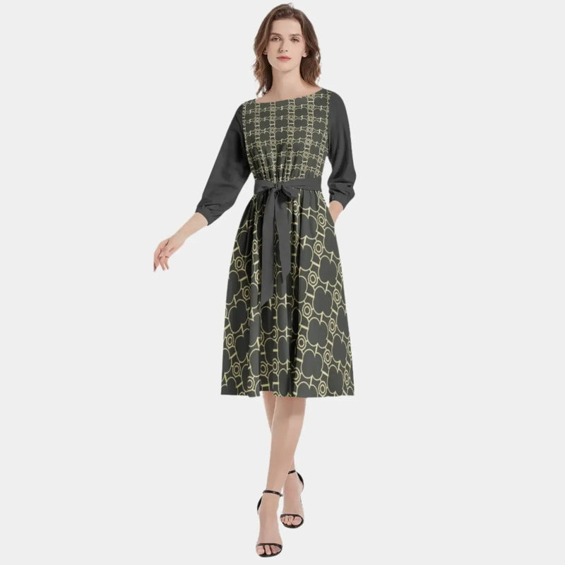 IVORY Boat Neck Belted Flared Black Dress - IVORYNN