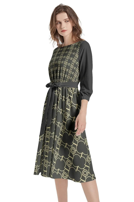 IVORY Boat Neck Belted Flared Black Dress - IVORYNN