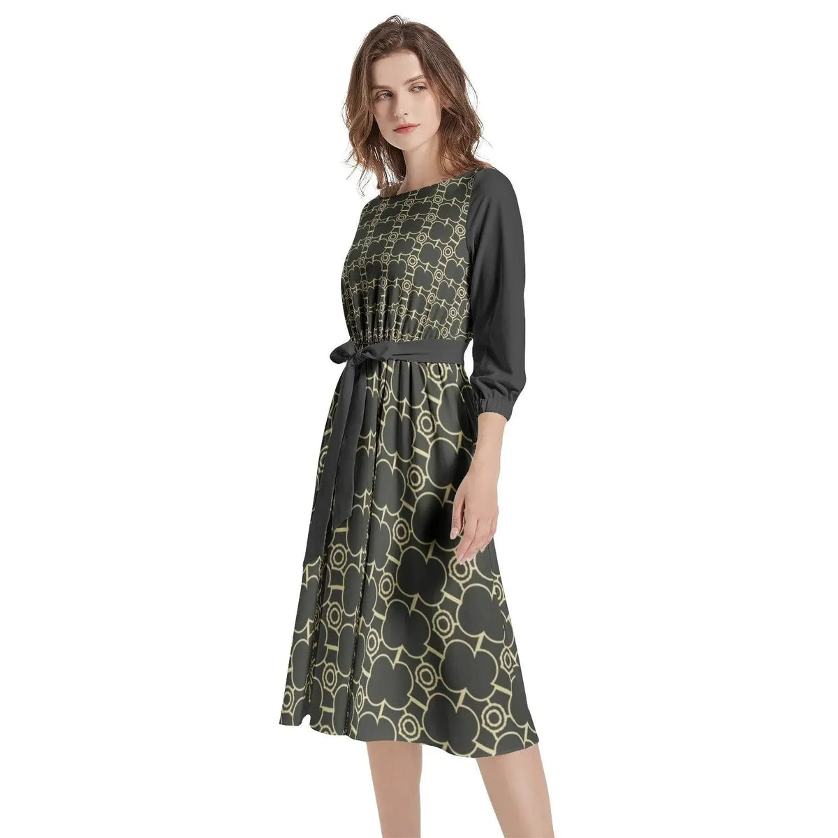 IVORY Boat Neck Belted Flared Black Dress - IVORYNN